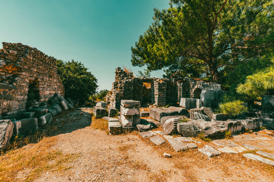 Ruins of the ancient city of Priene, Turkey. The Temple of Athena Polias in Priene  an Ionic Order temple located northwest of  agora, inside the sanctuary complex. It was dedicated to Athena Polias, 