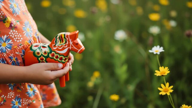 Child holding a traditional Swedish Dala horse in a wildflower meadow. Celebrating Midsummer in Sweden. Handcrafted wooden toy and blooming flowers. Midsommar, June 21