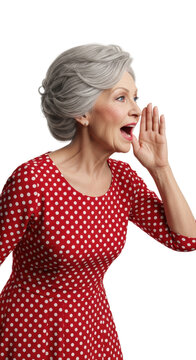 elderly caucasian woman in vibrant red polka dot dress, silver hair, shouting urgently with cupped hand, hyper-realistic detail on transparent studio background. concept of urgent announcement