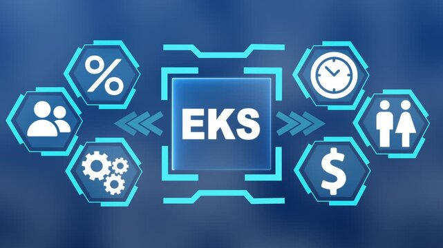 Glowing teal digital interface with the word EKS in the center surrounded. modern Concept with surrounding finance, users, settings and data analytics icons on blue blurred background.
