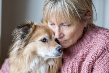 Elderly Woman Embracing Her Dog with Love and Affection in Cozy Setting.
