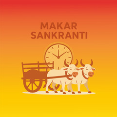 Fototapeta premium Makar sankranti celebration with traditional bullock cart, smiling oxen, and time clock