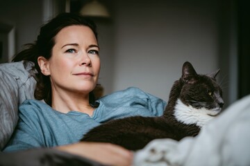 Woman Relaxing in Bed with Cat - Cozy and Serene Domestic Scene.