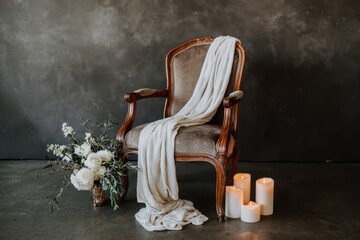 Vintage Wooden Chair with Draped Fabric and Candlelit Floral Arrangement.