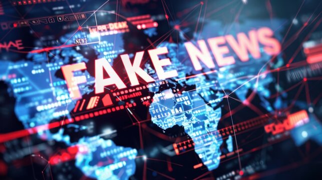 Digital representation of a world map with the text 'FAKE NEWS' prominently displayed. The background features a network of connections and data points. - Powered by Adobe