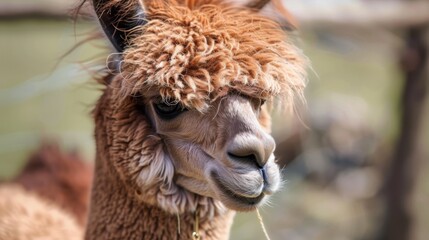 Obraz premium Close-up of a brown alpaca with fluffy fur and a gentle expression. The animal stands in a natural setting, showcasing its unique features and calm demeanor.