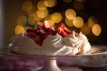 Strawberry Pavlova Dessert with Cream and Bokeh Lights.