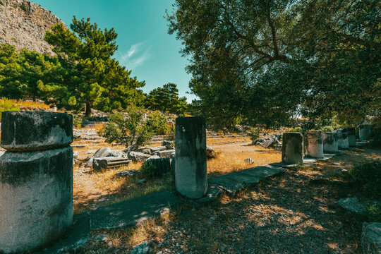Ruins of the ancient city of Priene, Turkey. The Temple of Athena Polias in Priene  an Ionic Order temple located northwest of  agora, inside the sanctuary complex. It was dedicated to Athena Polias, 