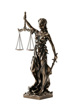 Full-body bronze statuette of goddess themis, blindfolded, holding scales and sword, highly polished texture, isolated on transparent background with copy space, high-key lighting concept of