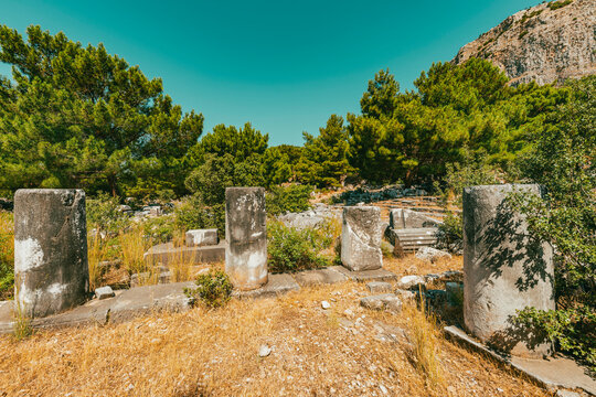 Ruins of the ancient city of Priene, Turkey. The Temple of Athena Polias in Priene  an Ionic Order temple located northwest of  agora, inside the sanctuary complex. It was dedicated to Athena Polias, 