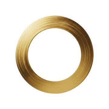 a substantial, geometrically perfect circular frame of highly reflective, brush-textured antique gold, isolated on a transparent background with ample copy space. concept for luxury branding