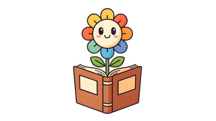 Fototapeta premium Kawaii flower character growing from open book, cute rainbow floral mascot for education, colorful cartoon plant illustration on white background