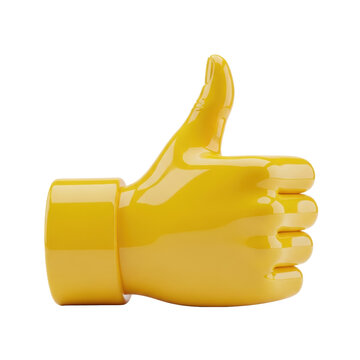 perfectly modeled 3d sculpture of a vibrant canary yellow thumbs-up hand, highly polished plastic finish, isolated on a transparent background in high-key lighting. concept of digital engagement