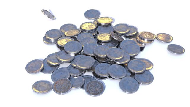 Coins fall into a pile on a white background, 3D animated video
