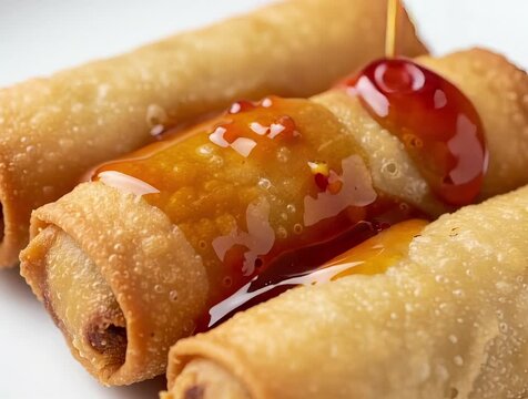 Animated egg rolls with sweet sauce