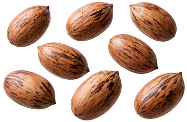 Whole pecans floating on white background, realistic texture, isolated