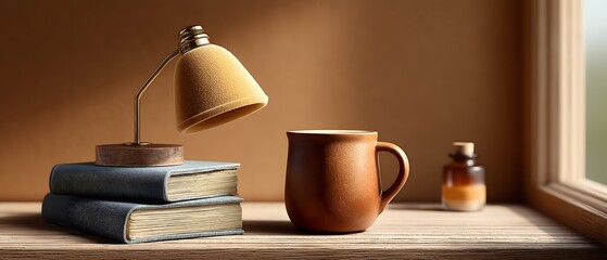 A cozy and warm setup for relaxation, with a stack of old books and a cup of coffee ready for a moment of quiet contemplation.