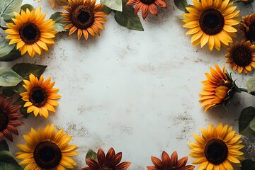 A minimalist background bordered by cheerful sunflowers, evoking warmth and happiness, ideal for creative projects or seasonal decor.