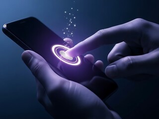 Secure biometric authentication on a smartphone with glowing fingerprint scan