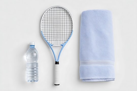 A flat lay of a tennis racket, water bottle, and towel on a white background, highlighting the essentials for any tennis match.