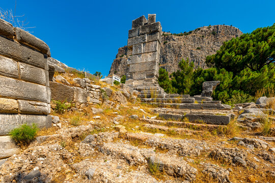 Ruins of the ancient city of Priene, Turkey. The Temple of Athena Polias in Priene  an Ionic Order temple located northwest of  agora, inside the sanctuary complex. It was dedicated to Athena Polias, 