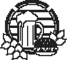 Obraz premium Pixel art beer mug and burger with leafy garnish on round striped background