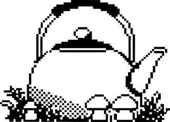 Fototapeta premium Pixel art old fashioned kettle with mushrooms and grass around, retro black and white design