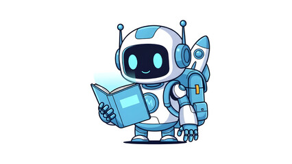 Fototapeta premium Robot reading a book with a rocket backpack standing on white background