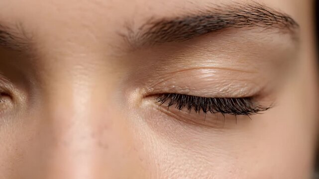 Extreme close-up of a person's closed eye with mascara on eyelashes