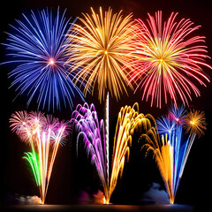 Colorful fireworks burst frozen mid-air against plain navy sky, high contrast, vibrant color palette.