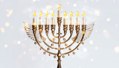 Golden Hanukkah menorah with wings and glowing candles on a magical white background with snowflakes