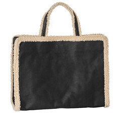 Black leather tote bag with shearling trim, transparent background