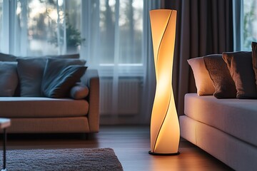 A modern floor lamp with a unique design casts a soft glow, enhancing the ambiance of a stylish living room filled with personality and charm.