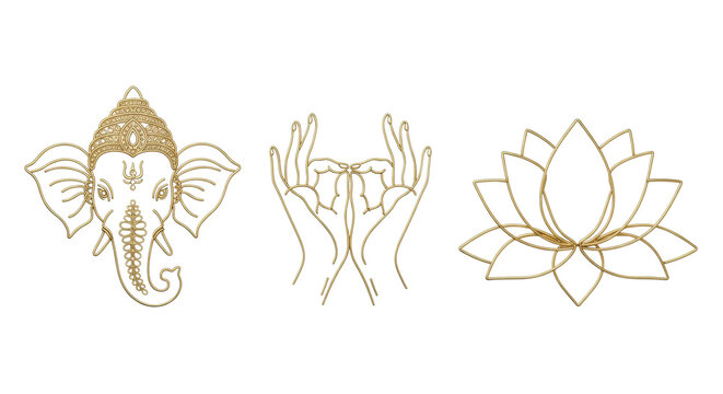 three distinct polished 24k gold wire sculptures: intricate ganesha head, namaste mudra, and a blooming lotus, perfectly isolated on a reflective white plane, minimalist luxury concept of meditation