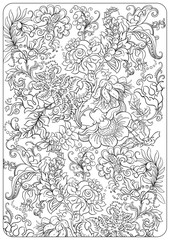 Obraz premium Floral coloring pages with paisley motifs, blooming flowers, leaves, curls and buds. Hand drawn vector line art, black and white monochrome illustration for adult and kids coloring.