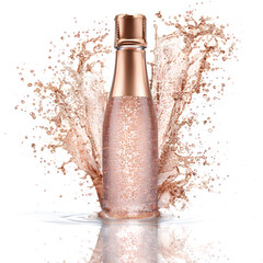 Stylized champagne bottle splash with golden fluid on plain white background, ultra detailed motion.