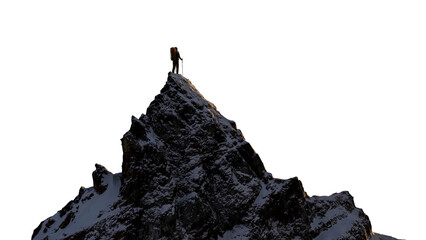 A Brave Hiker Reaches Snowy Mountain Peak With Backpack And Trekking Poles At Dusk Alone