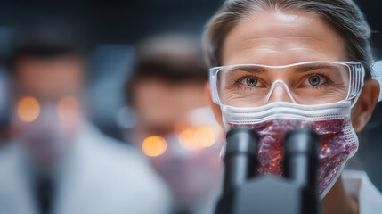 A focused scientist in protective gear analyzes samples through a microscope in a modern laboratory setting.