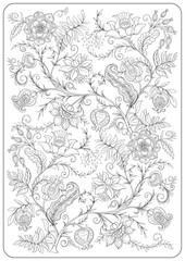 Floral coloring pages with paisley motifs, blooming flowers, leaves, curls and buds. Hand drawn vector line art, black and white monochrome illustration for adult and kids coloring.