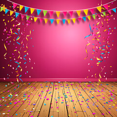 Multicolored party confetti suspended mid-air, clean pastel pink backdrop, vibrant, festive, minimalist.