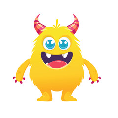 A cartoon monster with yellow fur and colorful horns is smiling in transparent background 