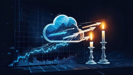 Digital cloud graphic with upward arrows and candles