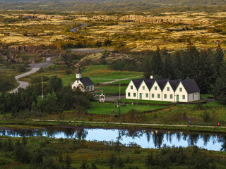 Thingvellir National Park and &thorn;ingvellir church or &THORN;ingvallakirkja, small cemetery and summer residence of Iceland&rsquo;s Prime Minister. Boundary between the North American and Eurasian tectonic plates.