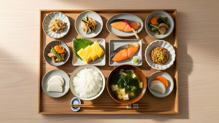 Elegant wooden tray showcasing assorted Japanese food dishes on a light wooden table, captured from a top-down viewpoint