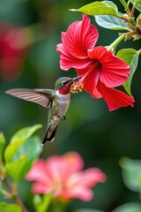 Obraz premium A ruby throated hummingbird hovering perfectly still while drinking nectar from a red hibiscus flower.