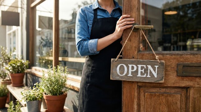 Small business opening store for the day,woman entrepreneur in apron welcomes customers,local shop owner opens door with open sign on storefront for daily business operations
