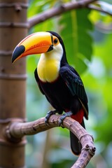 Fototapeta premium A keel billed toucan perched on a tropical branch, showcasing its oversized, colorful beak.