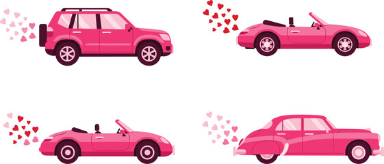 Set of pink car illustrations emitting heart shaped exhaust smoke, featuring an SUV, convertible, and vintage sedan for Valentine's Day travel and romantic road trips. © VectoVerse