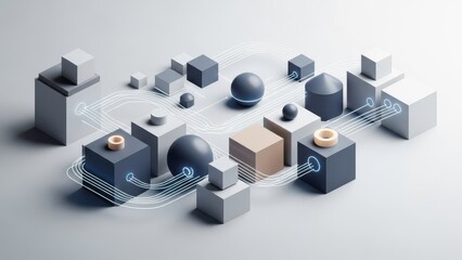 Abstract Geometric Network Connection Concept, Futuristic Digital Data Flow, Minimalist 3D Cubes and Spheres Arrangement