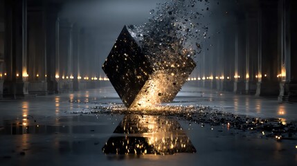 An empty, dark chamber containing a central, levitating quantum computer core, with shimmering, overlapping states of light and shadow, representing immense processing power for business 